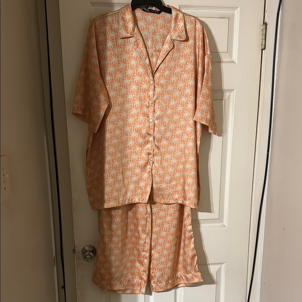 Zara Orange and Cream Palm Print Pajama Set